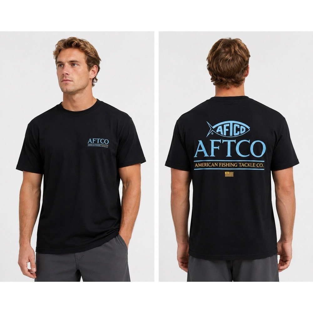 AFTCO American Fishing Tackle Co Black Graphic T-Shirt Mens L Short Sleeve 0436